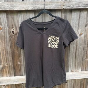 Black V-Neck Tee with Leopard Print Pocket